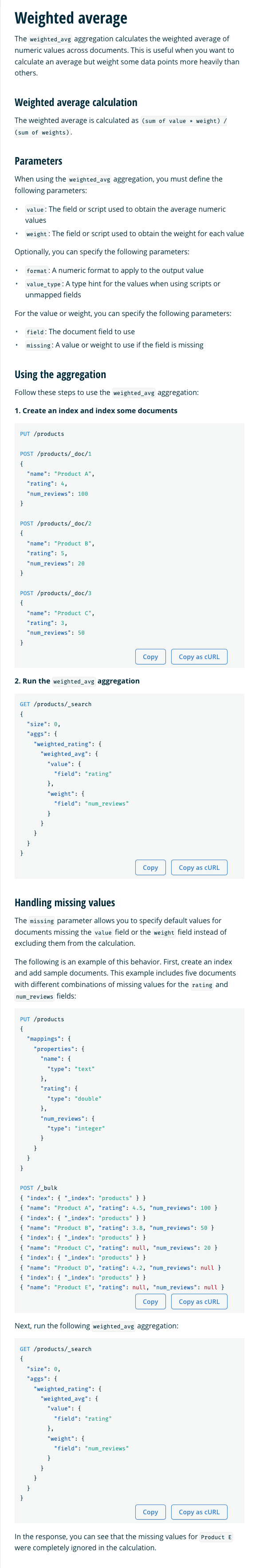 Screenshot of the original weighted average aggregation documentation before improvements