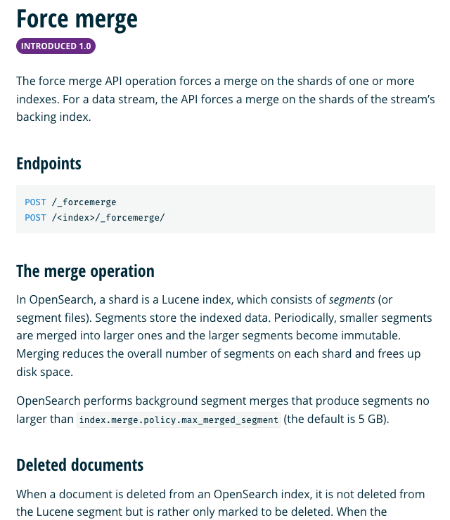 Screenshot of the Force Merge API documentation in OpenSearch