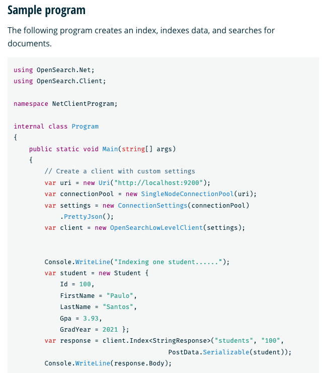 Screenshot showing code samples for the OpenSearch .NET client