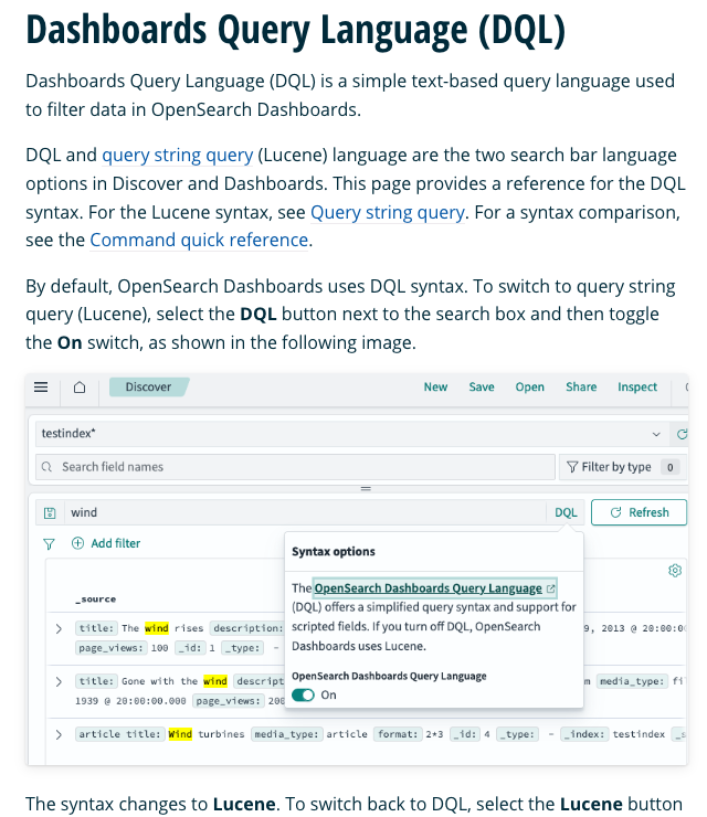 Screenshot of the Dashboards Query Language (DQL) reference page