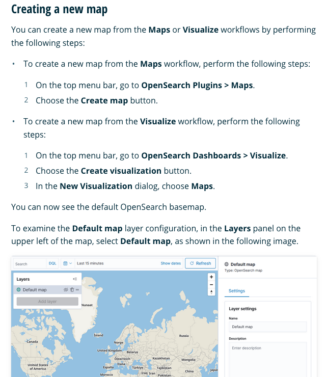 Screenshot of UI documentation of using maps in OpenSearch Dashboards