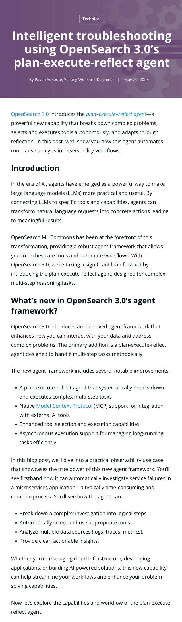 Blog post on intelligent troubleshooting using the Plan-Execute-Reflect agent in OpenSearch 3.0