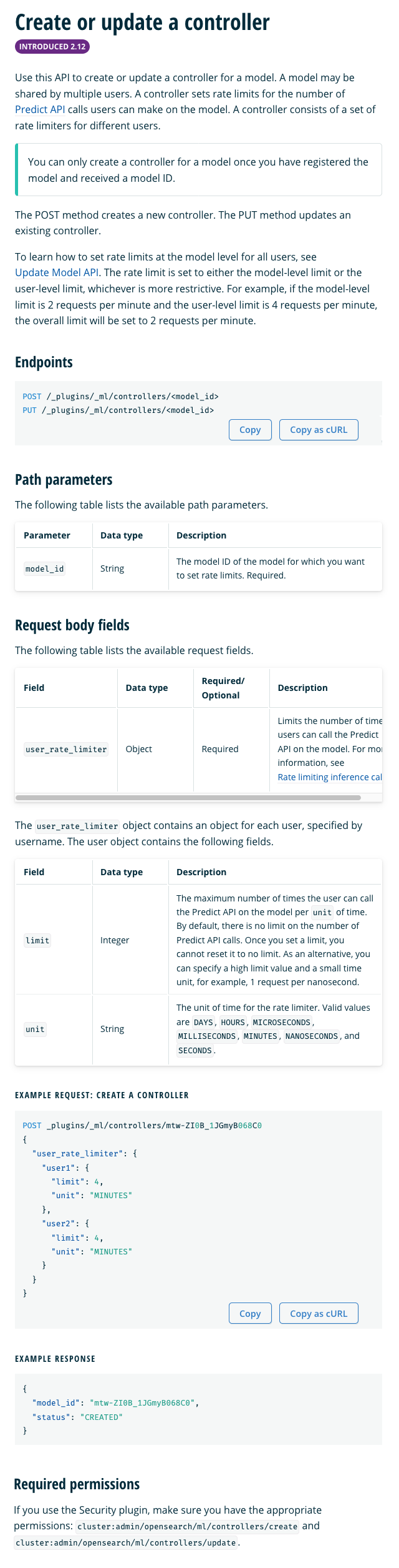 API reference page showing controller API creation in OpenSearch ML Commons