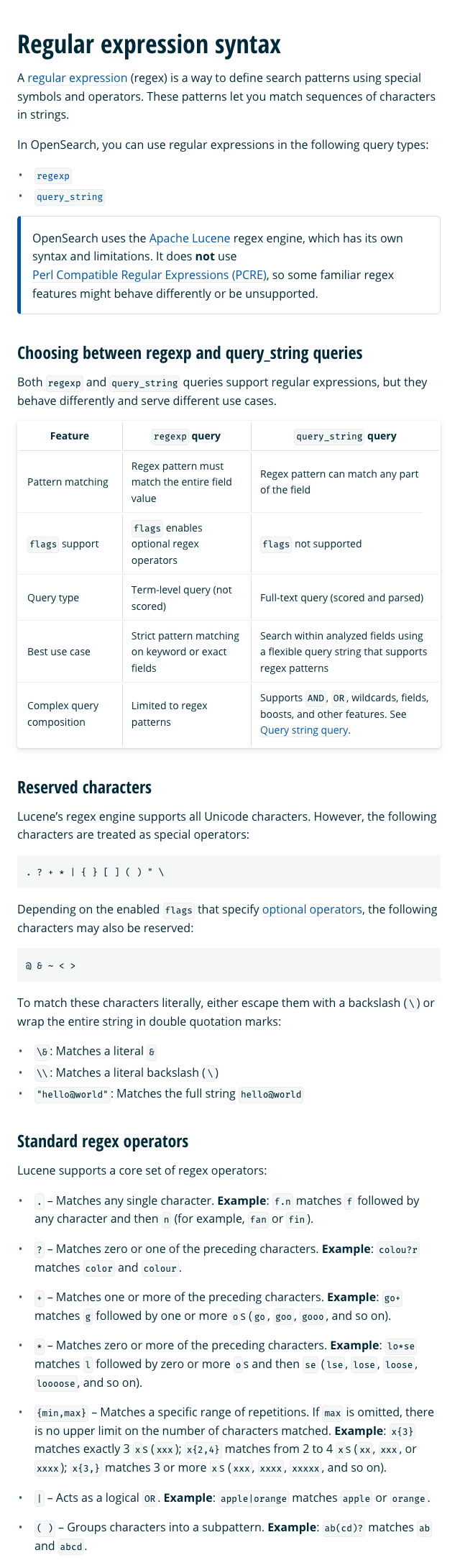 Regular expression syntax reference documentation page for OpenSearch Query DSL