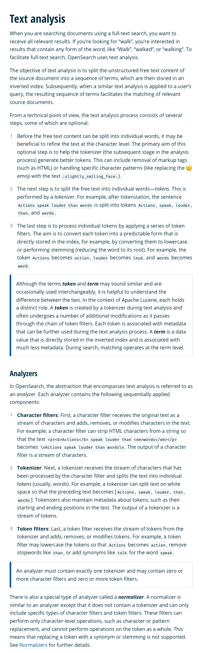 Documentation guide on text analysis and analyzers in OpenSearch