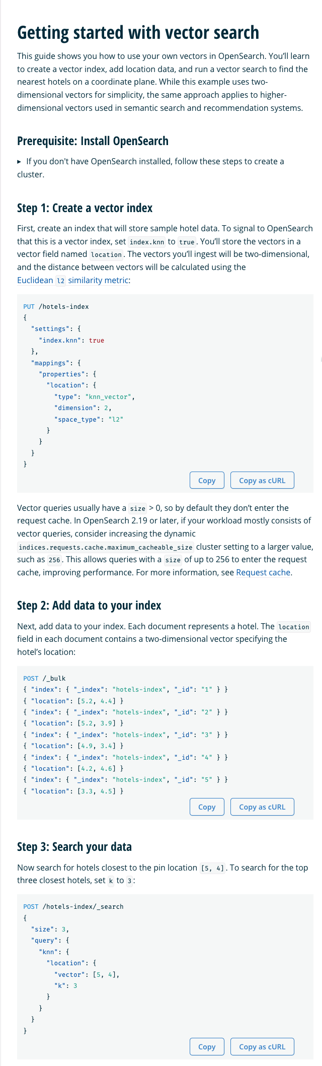 Screenshot of vector search getting started guide in OpenSearch documentation